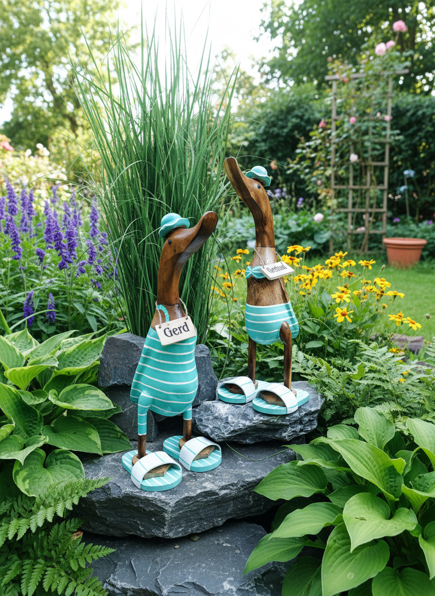 entenset „gerd & gertrud" türkis weiß gestreift – maritime dekofigur mit badeanzug und bikini und flip flops